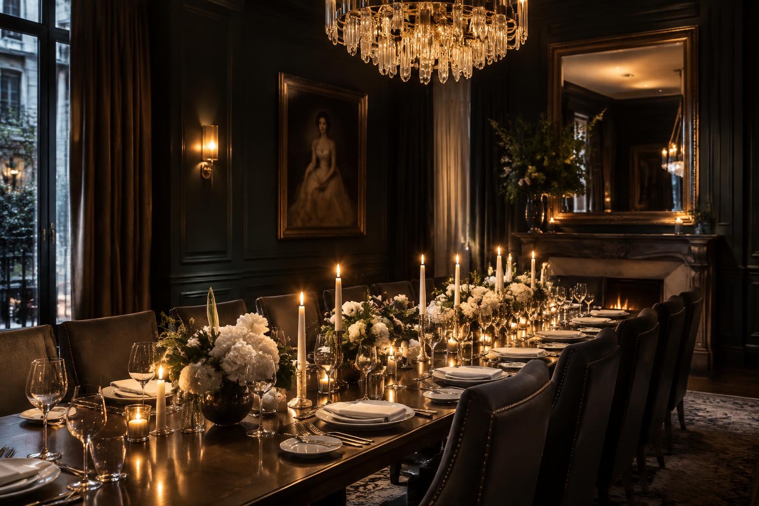 A candlelit private dining table set for a party