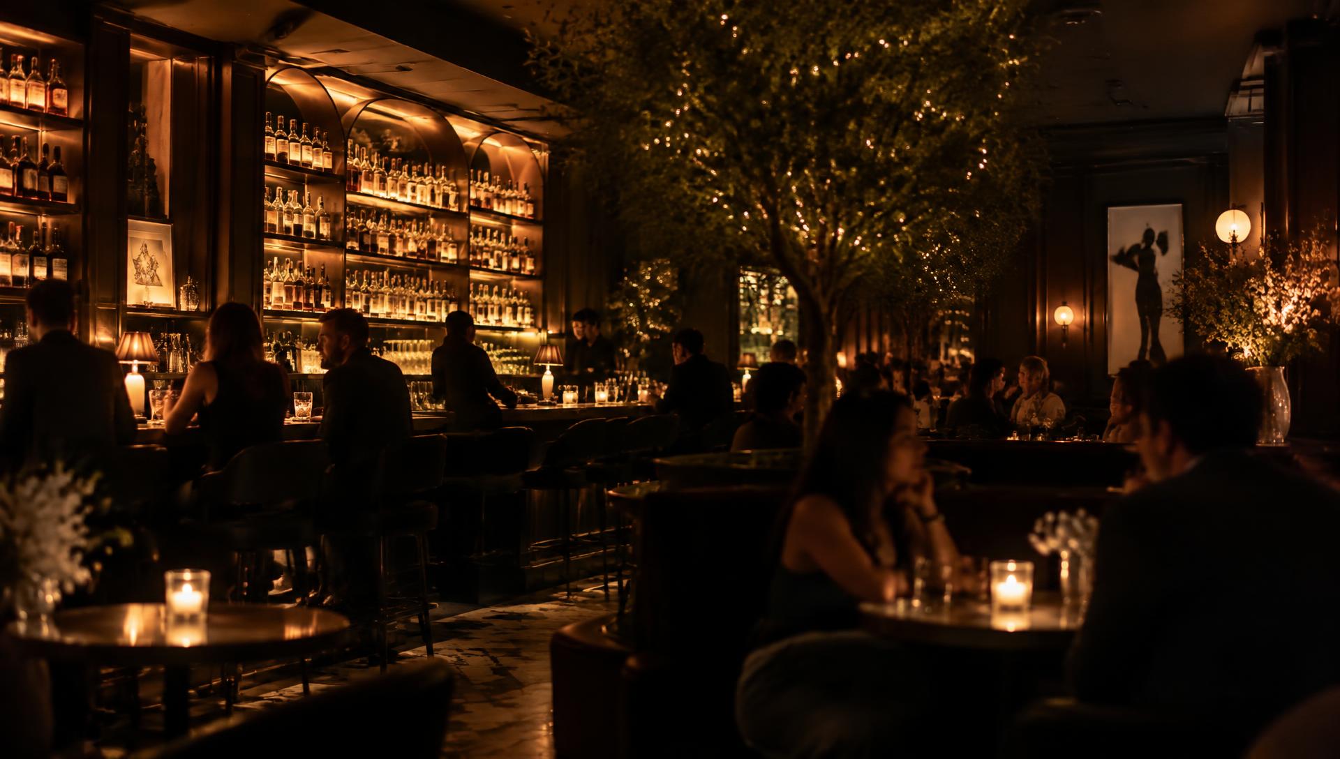 The Incanto bar room at night, warm light against dark walls